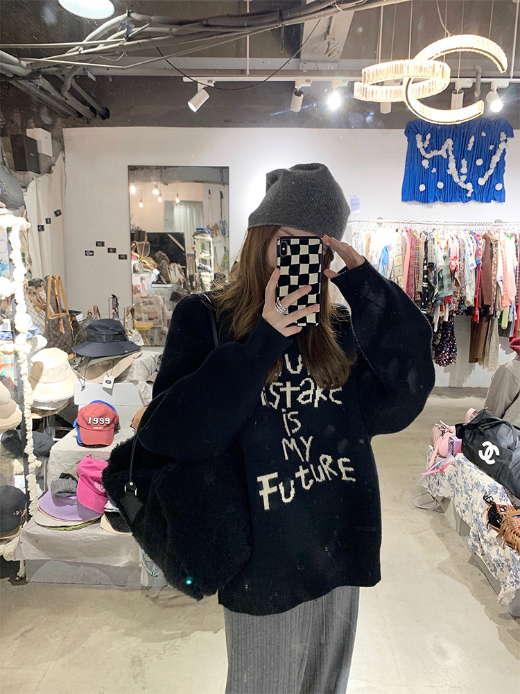 韓式慵懶風奶系軟糯圓領毛衣女寬鬆加厚小眾個子設計感上衣秋冬季