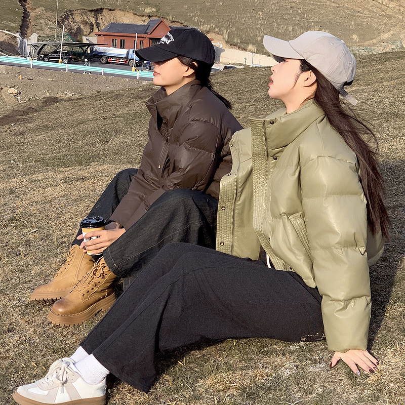 實拍免洗PU皮羽絨棉服女短款2023新款冬季加厚寬鬆立領麵包服外套