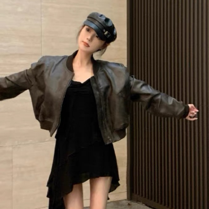 Retro PU motorcycle leather jacket women's autumn and winter 2023 new loose sweet cool style short jacket top