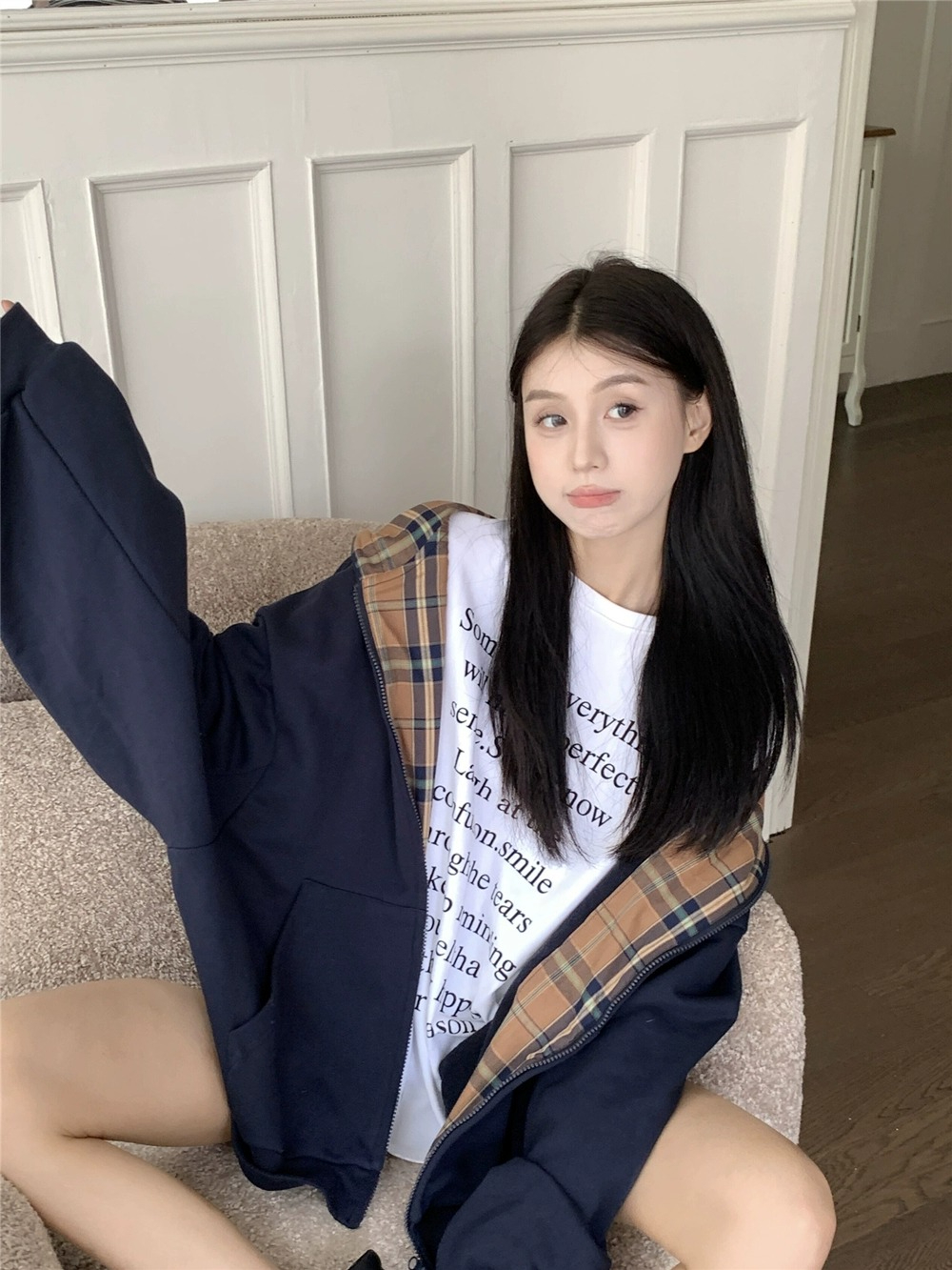 黑標華棉復牛奶絲+後包領 慵懶復古格子長袖連帽衛衣外套