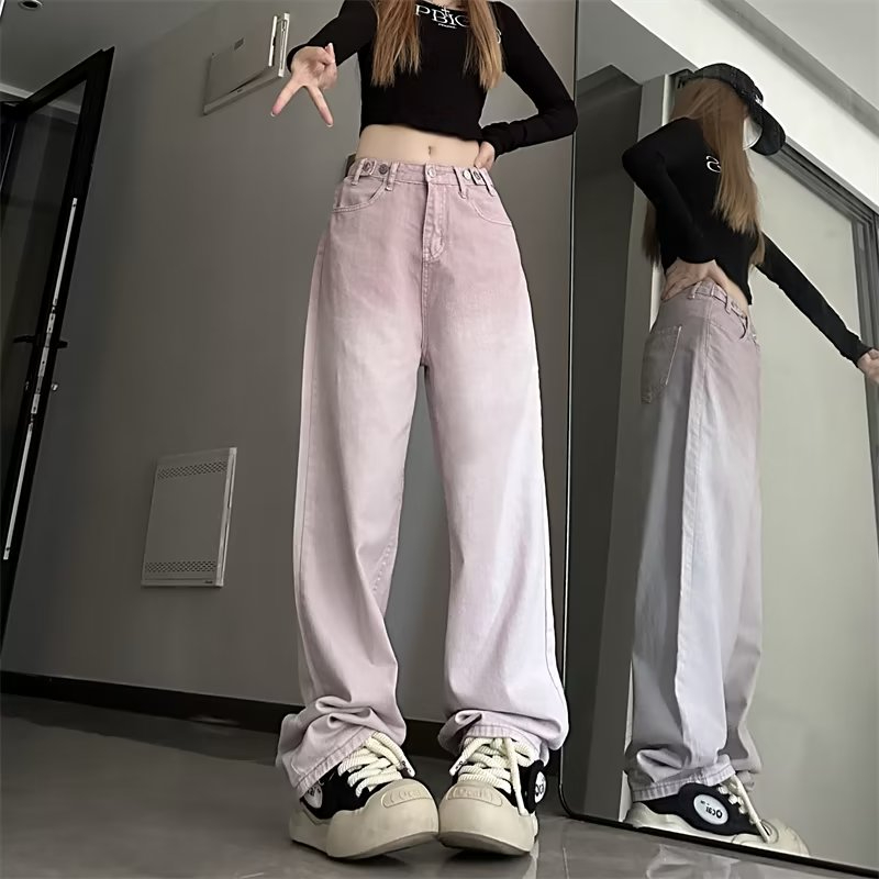 2023年秋冬時尚漸變色甜美百搭寬鬆闊腿長褲少女網紅拖地褲牛仔褲