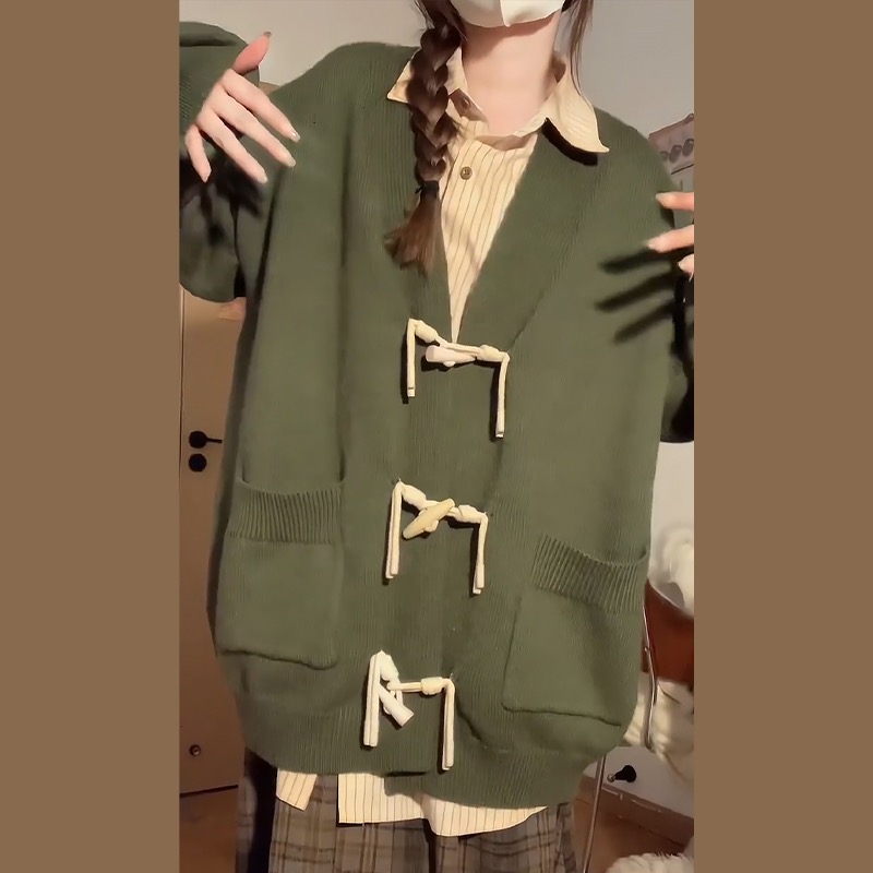 Green Horn Button Knitted Cardigan Sweater Jacket Women's Autumn and Winter 2023 New Lazy Style Loose Top
