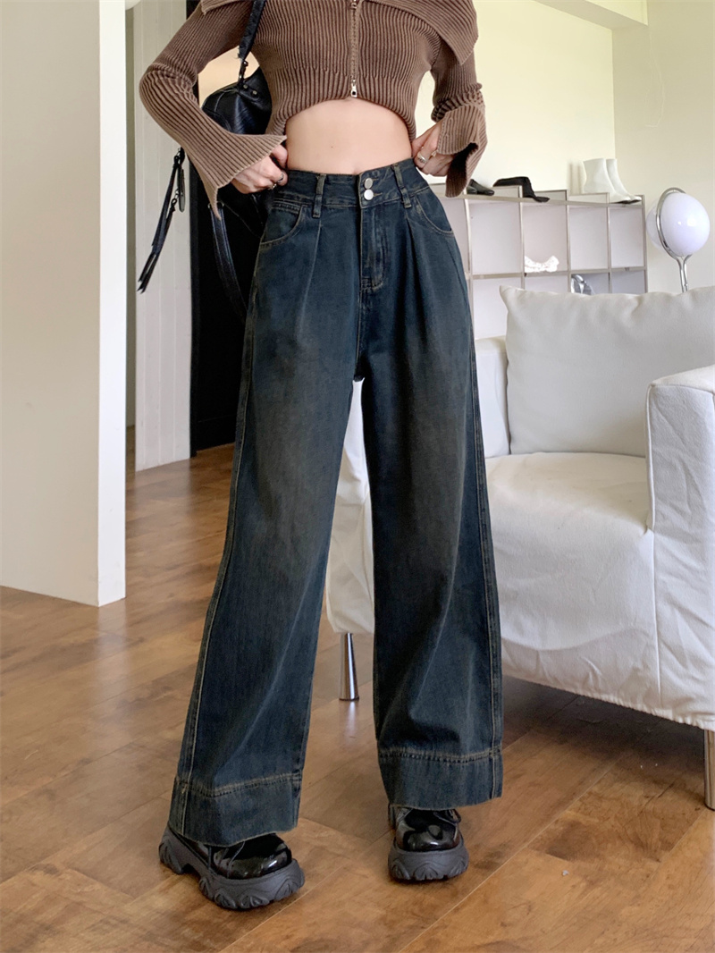 Real shot of cement gray retro wide-leg jeans for women in spring and autumn, slim, loose, tall, narrow version, straight-leg floor mopping pants