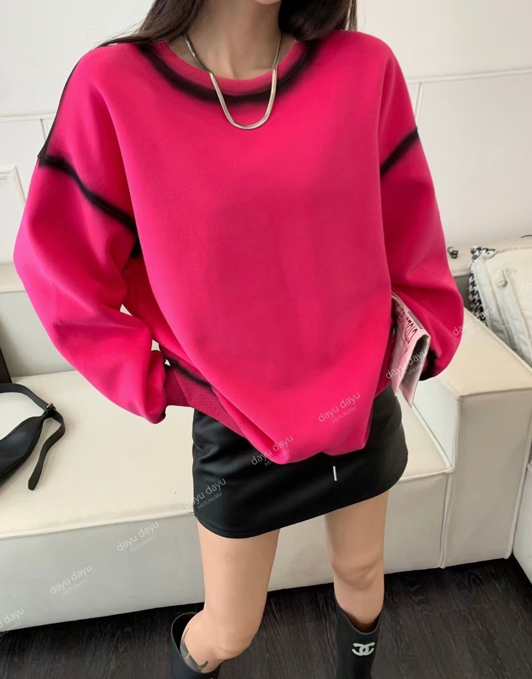 中長款圓領手工噴繪衛衣女2023秋冬加絨寬鬆慵懶風休閒長袖上衣