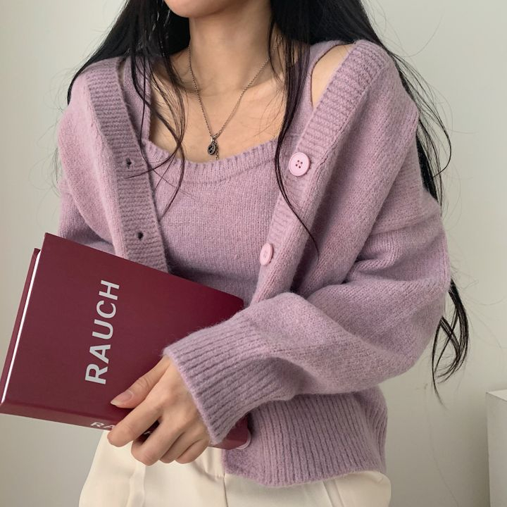 溫柔慵懶風毛衣外套女2023年新款秋季吊帶背心針織開衫兩件套上衣