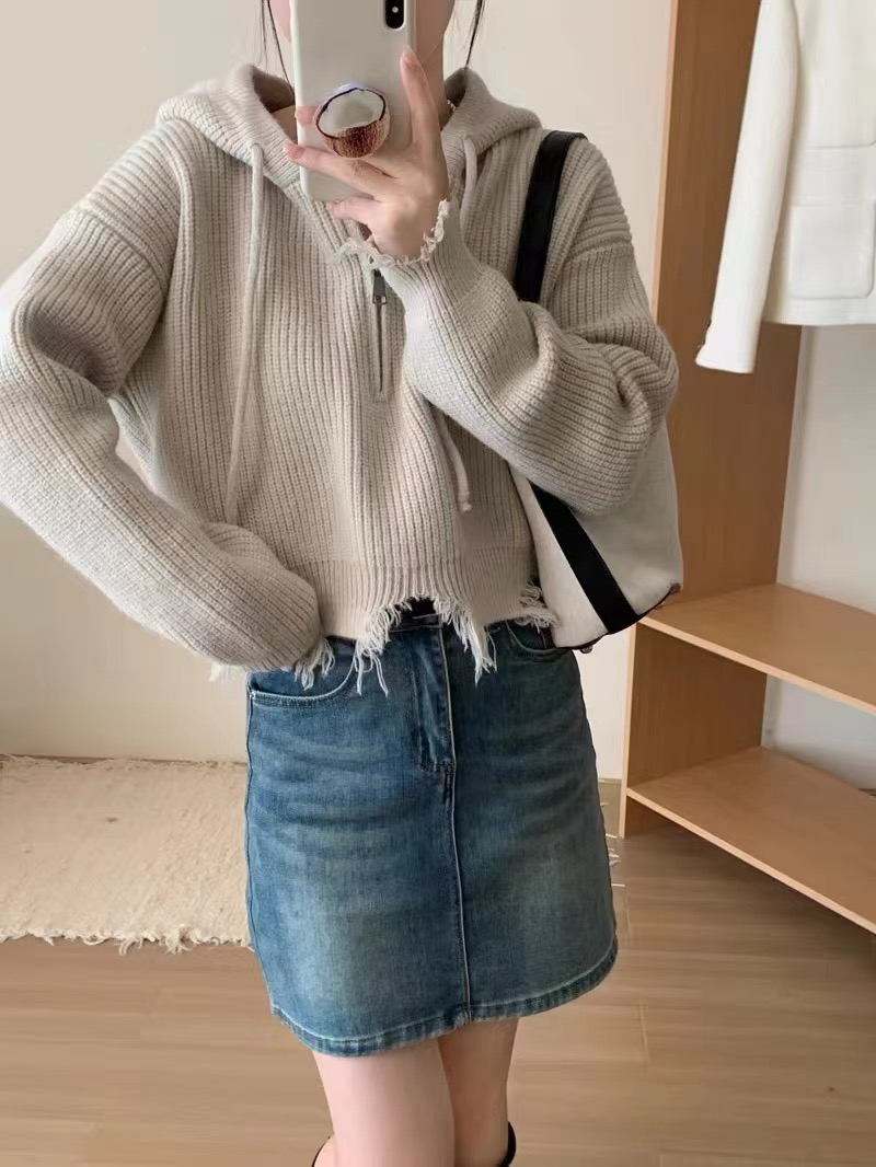 慵懶寬鬆軟糯羊絨針織衫女秋冬季設計感小眾連帽破洞疊穿套頭毛衣