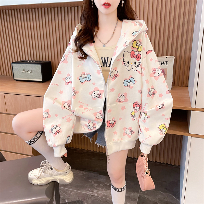 實拍 加絨寬鬆連帽棒球服外套女秋冬小眾撞色拼接卡通開衫
