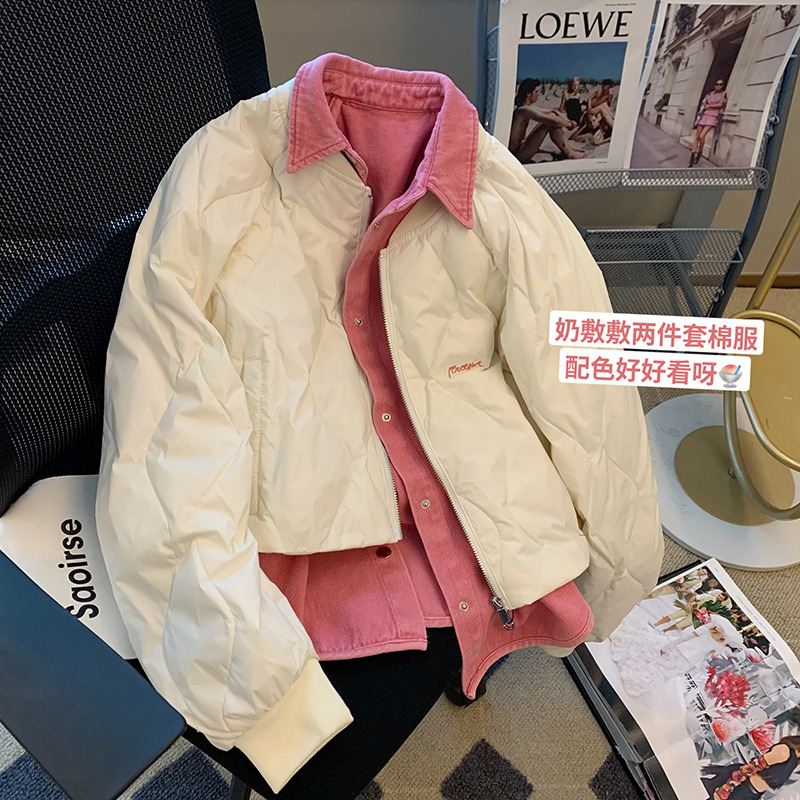 官圖夾棉有內里撞色牛仔拼接棉服兩件套女冬季加厚外套女