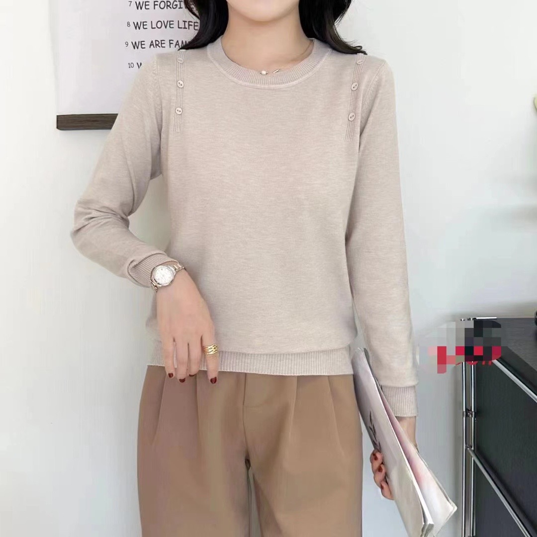 法式半高領長袖針織衫女春秋季高級感紐扣氣質毛衣打底衫