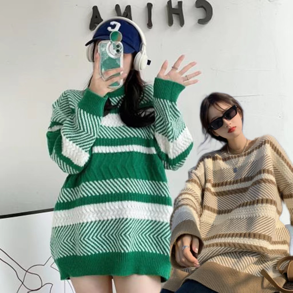 秋冬裝撞色條紋毛衣寬鬆顯瘦慵懶風加厚套頭針織衫上衣L-4XL200斤