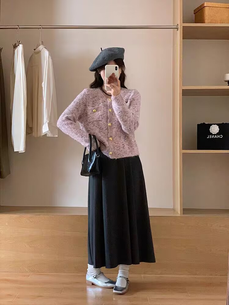Autumn New Knitted Cardigan Small Fragrance Style Round Neck Sweater Jacket Korean Style Long Sleeve Versatile Top