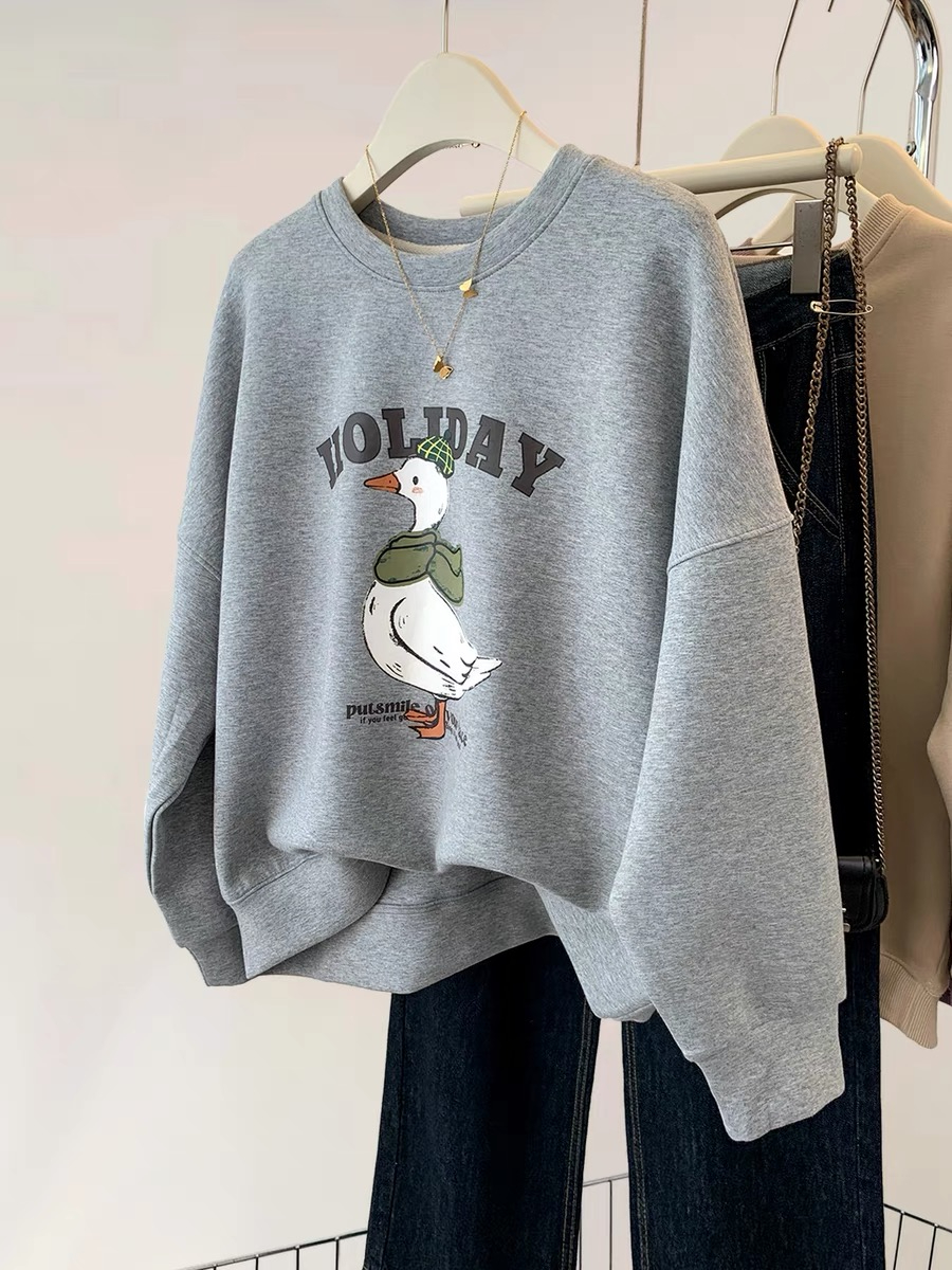 Velvet and thickened European gray round neck pullover sweatshirt for women spring and autumn 2023 new style lazy style top winter