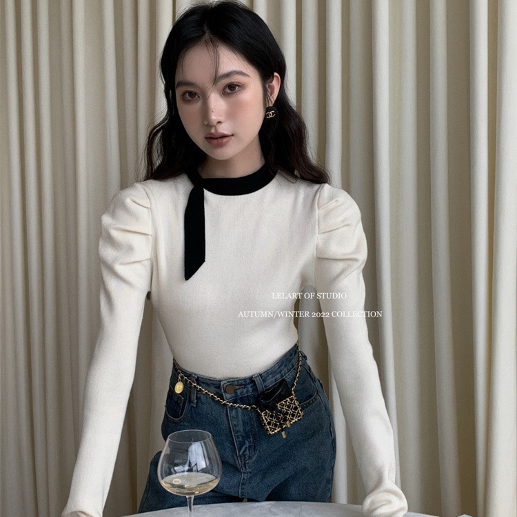 lelart秋新款法式優雅氣質赫本綁帶領針織衫女百搭撞色套頭毛衣