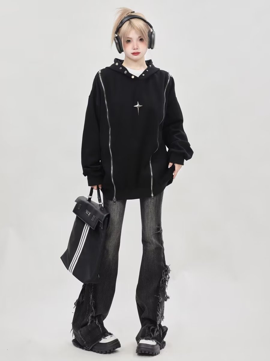 American double zipper hooded sweatshirt for women in autumn high street metallic couple coat niche hollow design hoodie trend