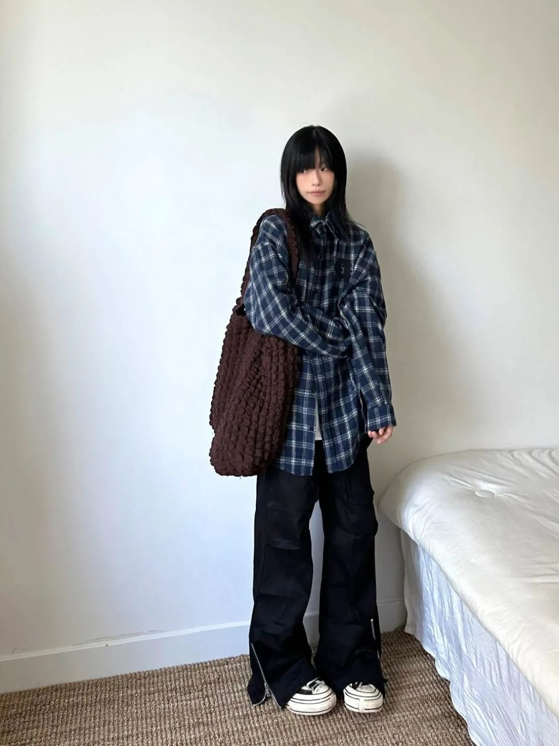 新款美式復古格子襯衫女寬鬆毛呢外套設計感小眾情侶長袖上衣