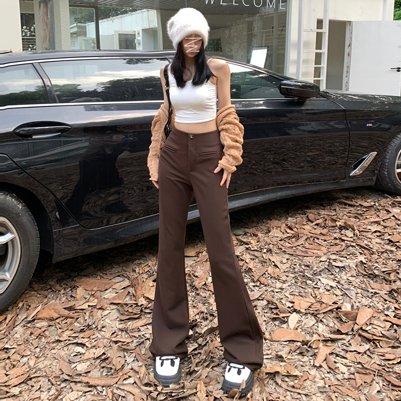 實拍2023時尚美式微喇休閒褲女秋冬新款辣妹高腰顯瘦拖地褲