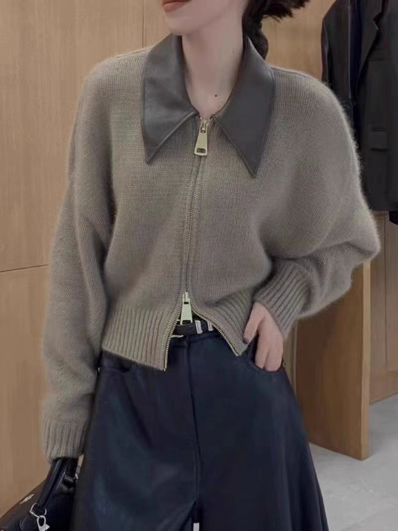 高級感咖色polo領雙拉鏈針織開衫女秋冬慵懶風拼接毛衣外套