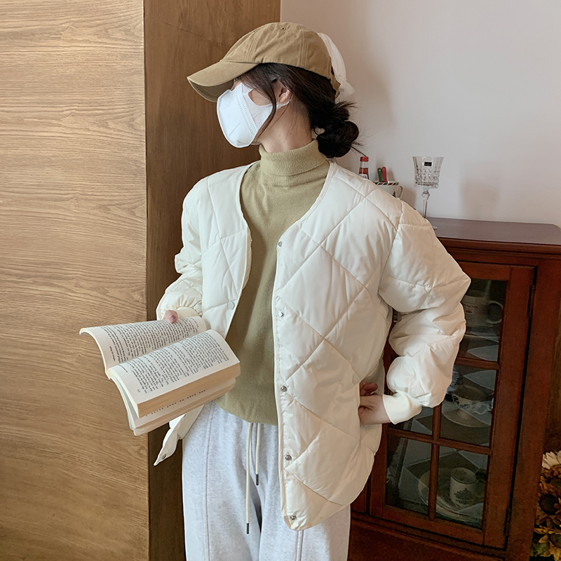 實拍韓國新款棉衣菱形格寬鬆學生小眾設計感夾克外套oversize棉服