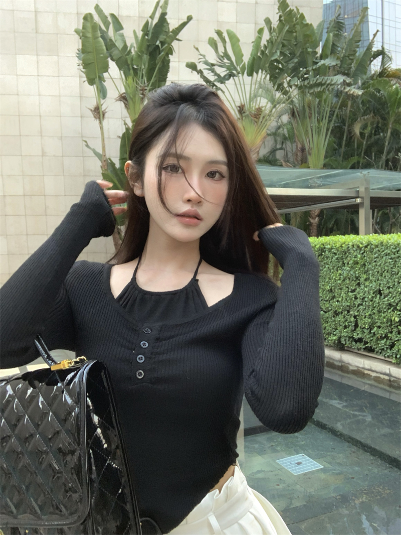 實拍 小眾韓版溫柔風圓領拼接假兩件不規則短款針織衫女