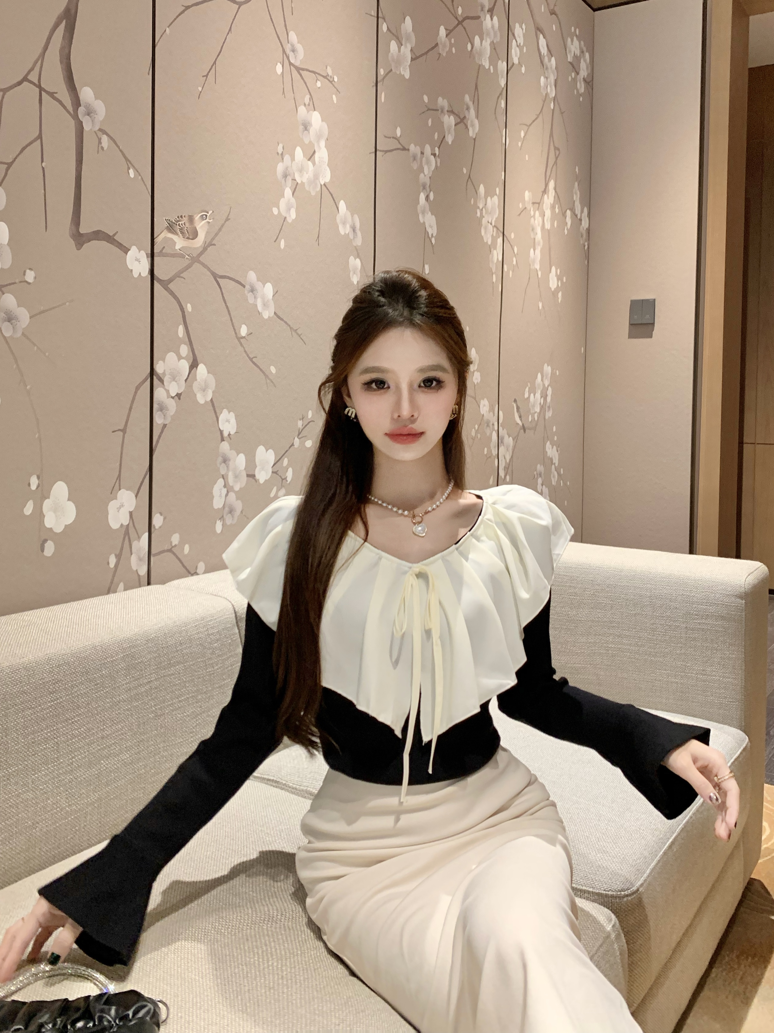 實拍  秋冬溫柔甜美風系帶荷葉領喇叭袖打底毛針織衫