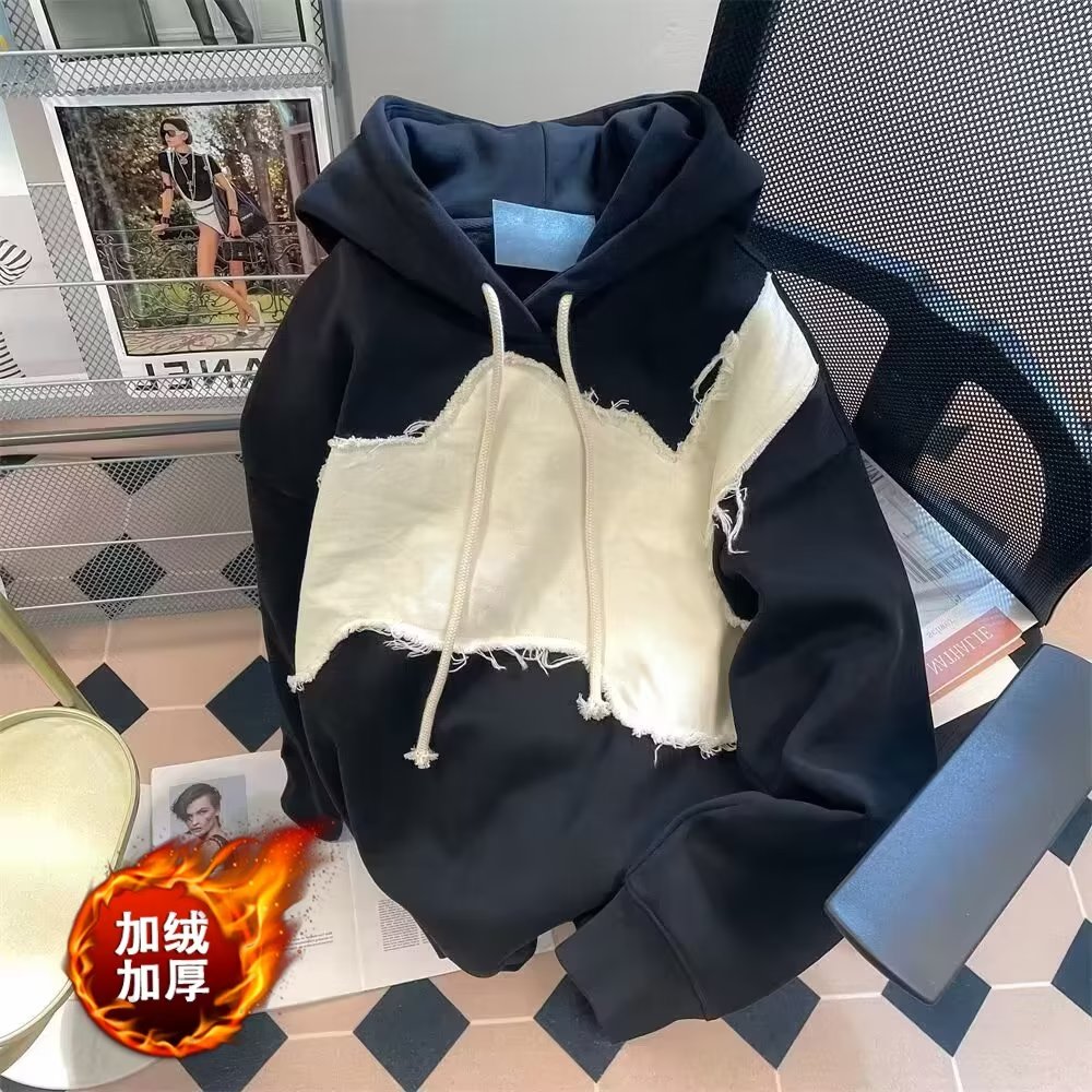 歐美高街復古不規則撞色拼接衛衣男女春秋國潮hiphop痞帥連帽外套