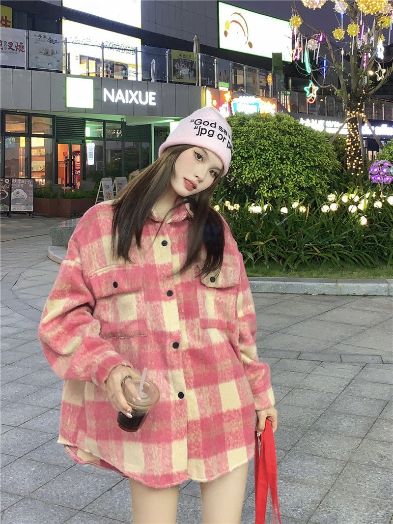 實拍 秋冬新款雙口袋設計感格子撞色呢子大衣外套女