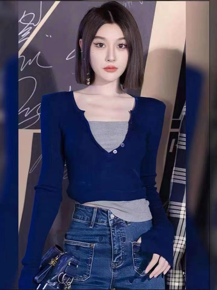 2023秋季新款韓版潮流拼色假兩件設計顯瘦長袖上衣女