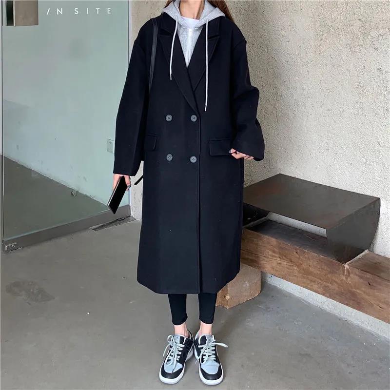 假兩件加厚毛呢外套冬新款韓版寬鬆中長款拼接連帽呢子大衣女