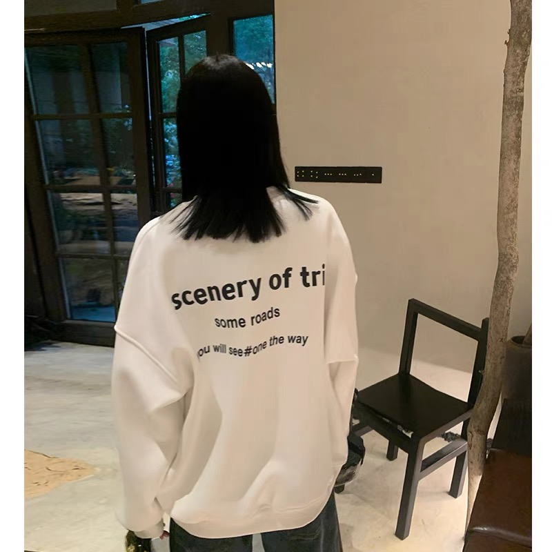 iszizii 後背字母加絨加厚衛衣女秋冬套頭圓領寬鬆oversize小個子