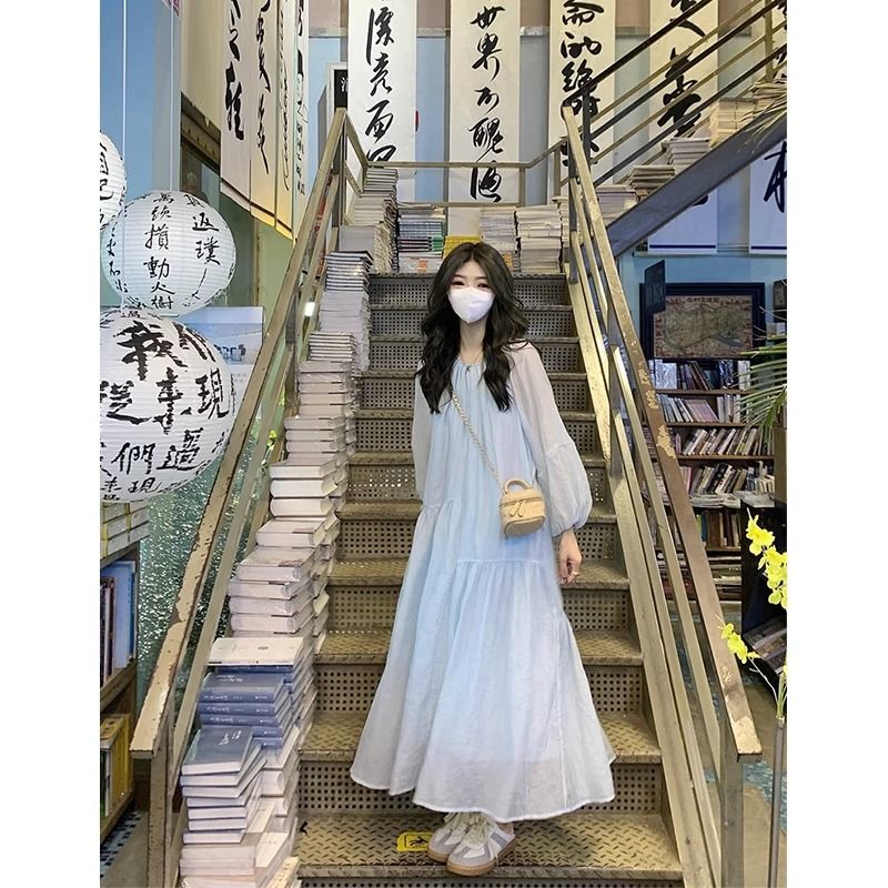 法式溫柔風長袖連衣裙女秋季2023新款寬鬆圓領減齡小眾拼接長裙子