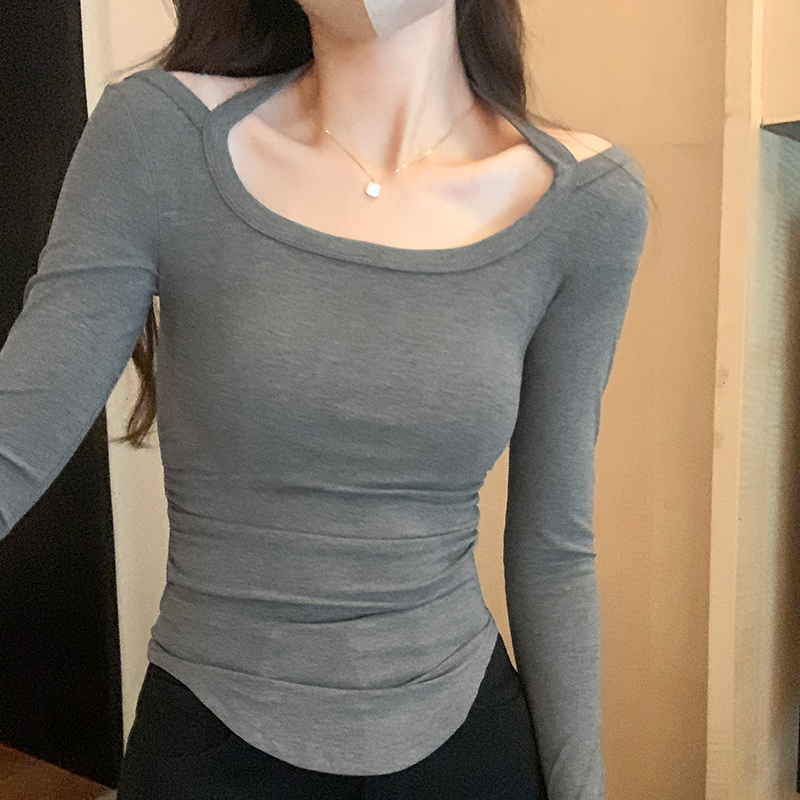 實拍圖設計感小眾辣妹掛脖抽褶長袖T恤女秋季2023新款短款上衣