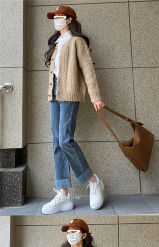 Japanese retro top, lazy style sweater, women's autumn and winter milk style knitted cardigan jacket