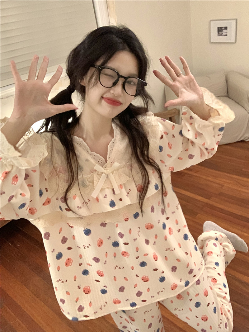 實拍韓版甜美宮廷風公主冬季加厚保暖夾棉蕾絲外穿家居服套裝