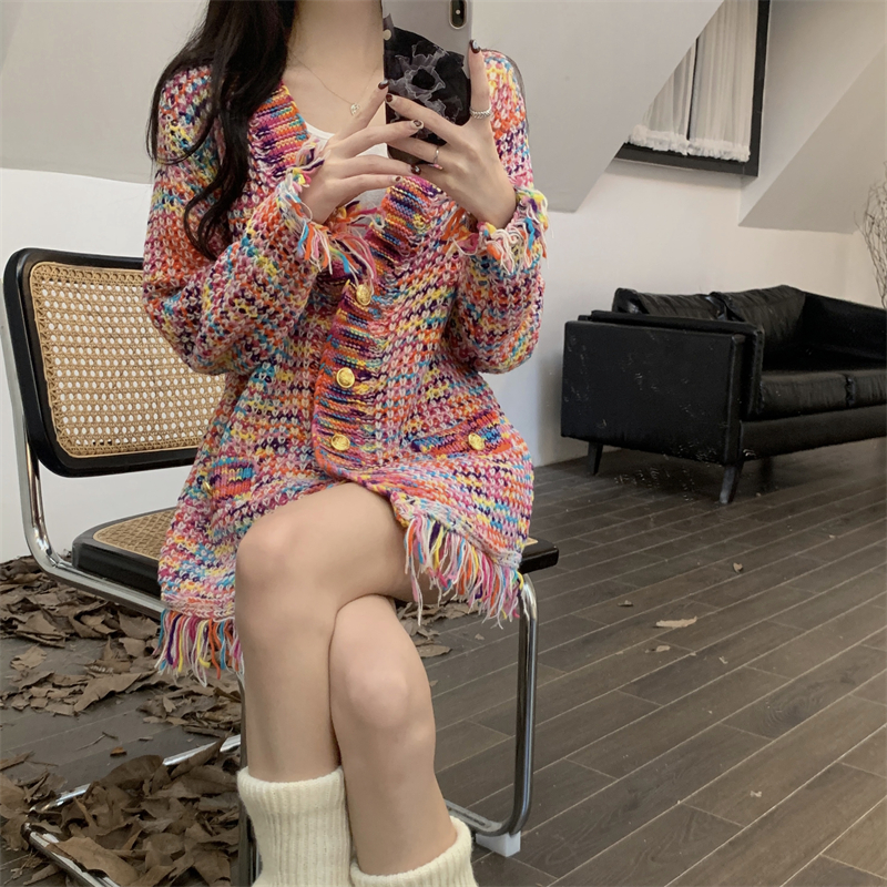 Actual shot of new autumn and winter style small fragrant fringed sweater jacket for women loose lazy knitted cardigan