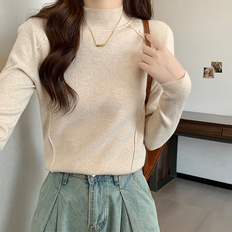 實拍安迪絨半高領針織毛衣女春秋季法式設計感修身魚骨打底衫