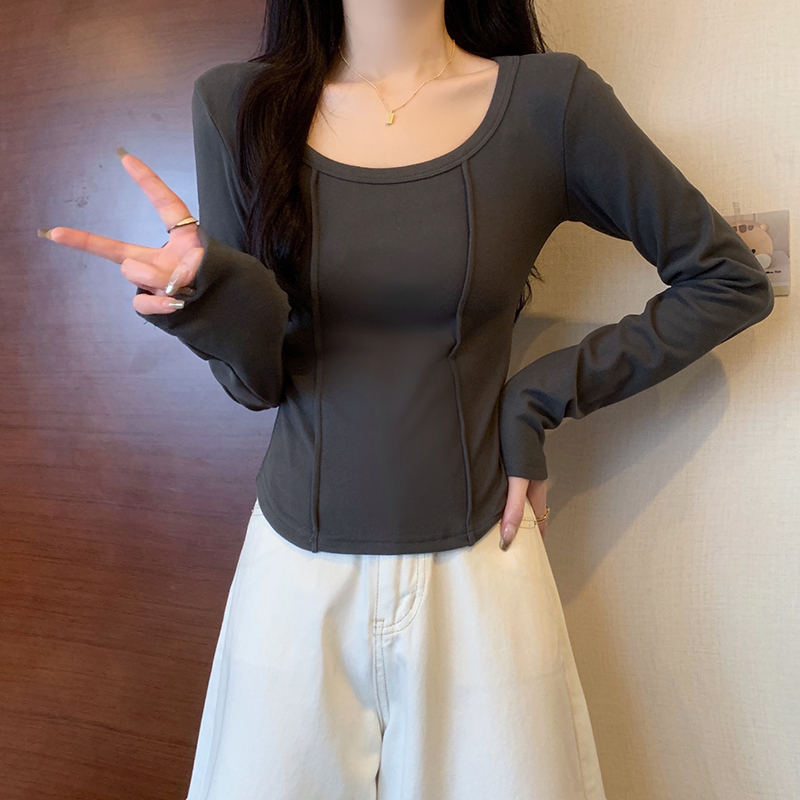 Real shot of 2023 autumn and winter new style fat mm versatile slim short fishbone inner bottoming long-sleeved women's top T-shirt