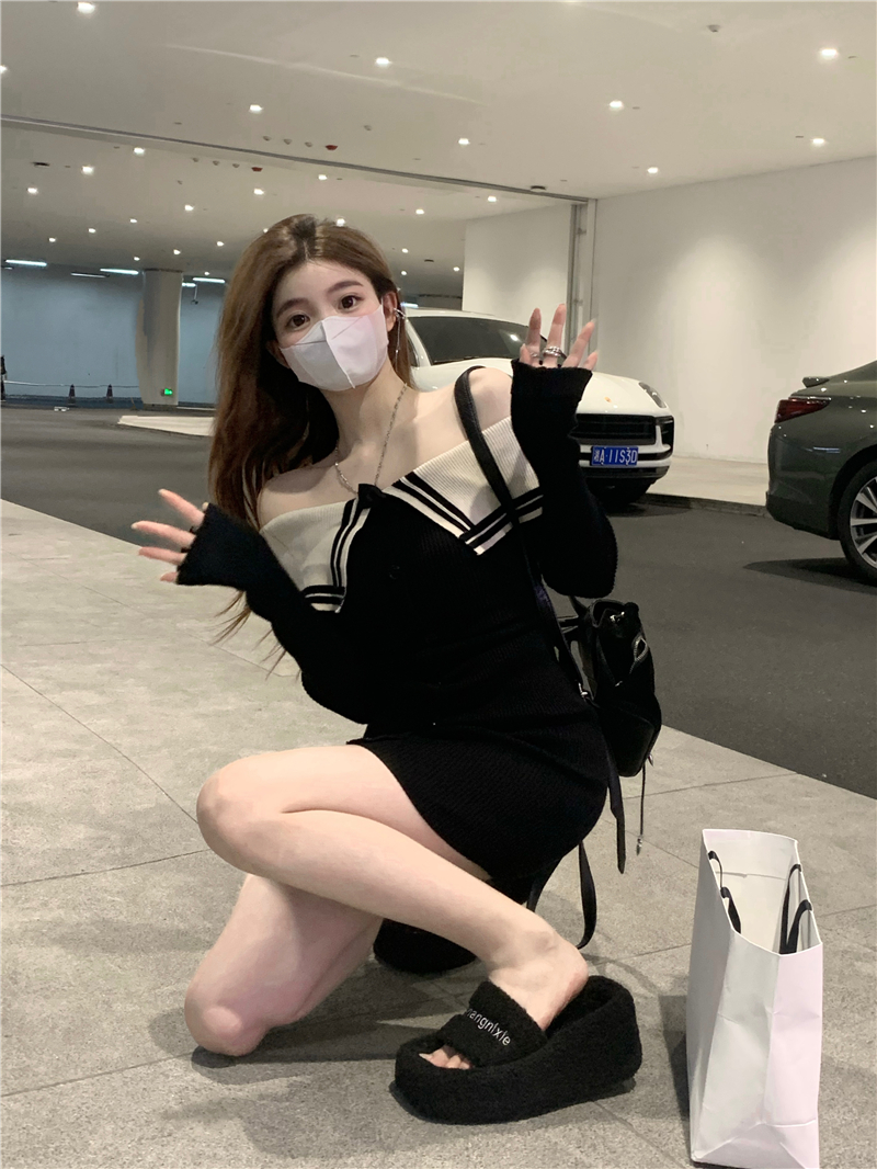 一字肩長袖連衣裙女裝秋季2023新款高級感純欲辣妹修身包臀短裙子