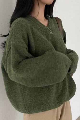 韩国chic百搭V领套头毛衣宽松慵懒长袖保暖针织上衣女