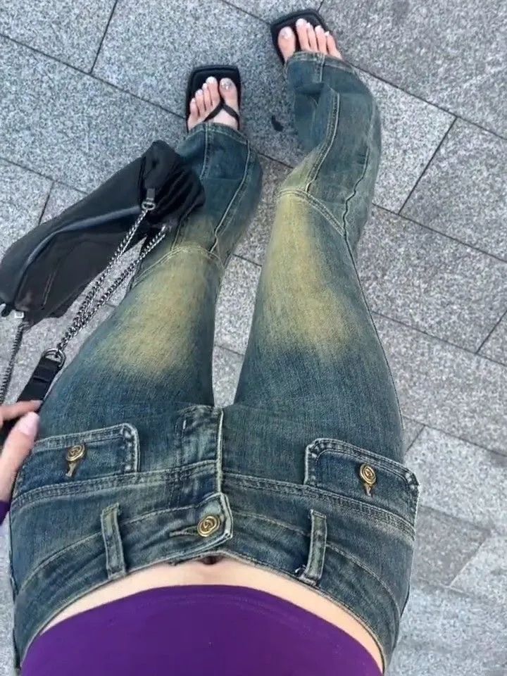 美式辣妹高腰微喇彈力闊腿牛仔褲女新款設計感寬鬆顯瘦百搭拖地褲