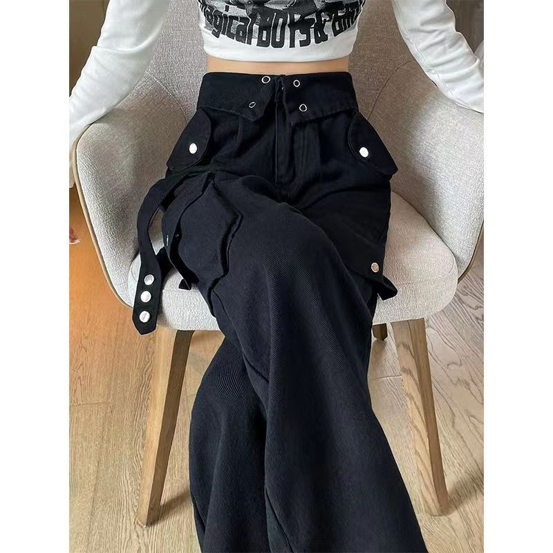 Black work jeans for women autumn and winter 2023 new high waist design straight American casual pants