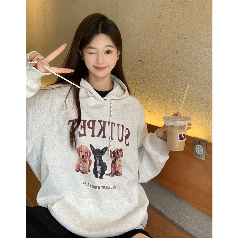 大碼女裝狗狗印花衛衣絨衫休閒中性寬鬆型套頭連帽衛衣