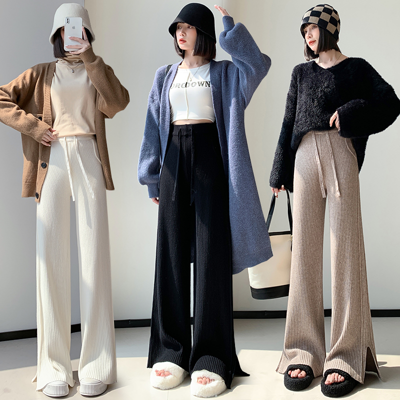 實拍加厚軟糯開叉針織闊腿褲女豎坑條高腰抽繩顯瘦垂感休閒拖地褲