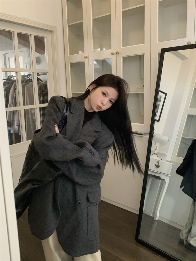 實拍 加厚夾棉慵懶保暖棉衣外套豎條紋理感毛呢西裝大衣