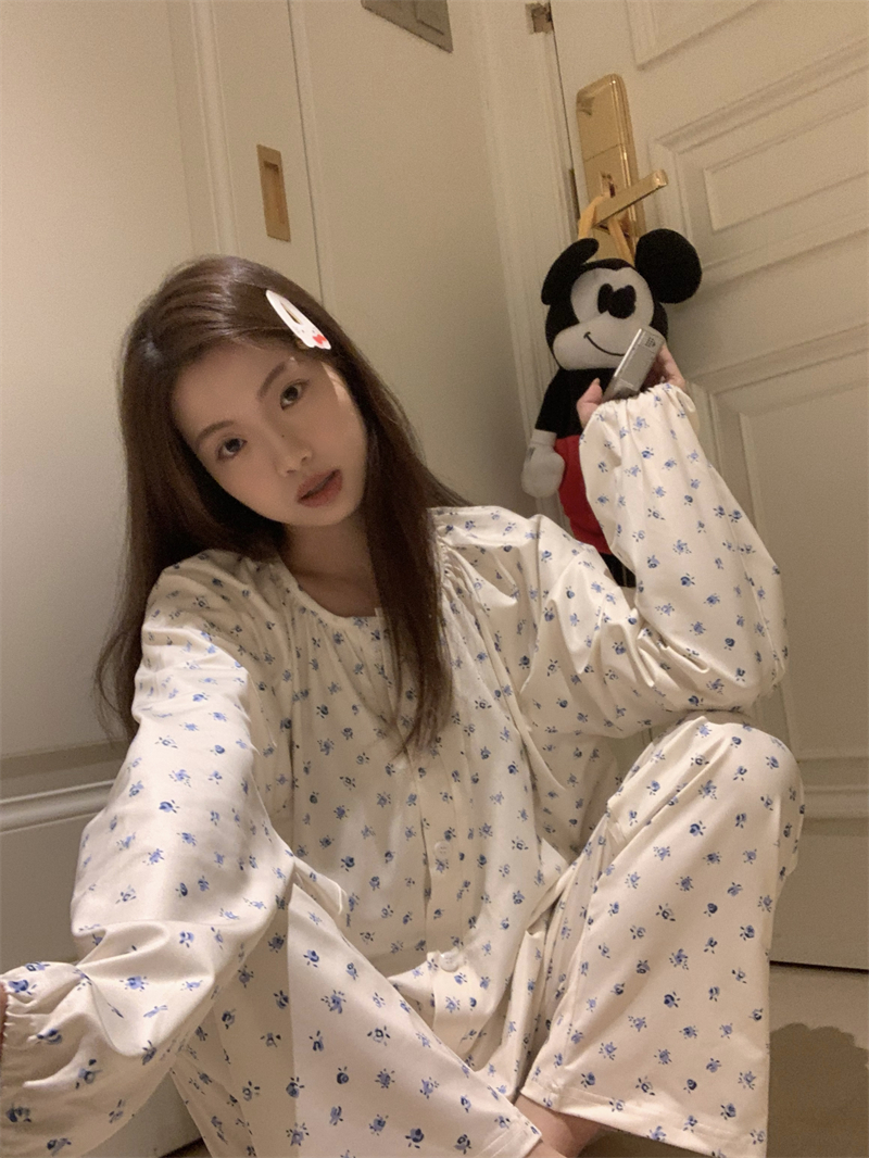 實拍~韓系甜美碎花寬鬆長袖睡衣套裝閨蜜家居服