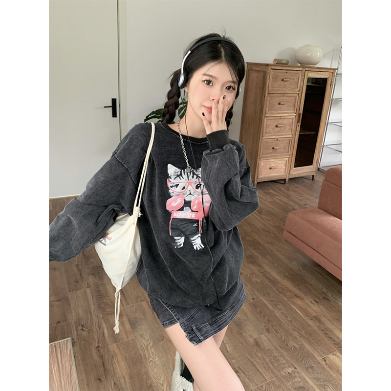 6535 fish scale cat print long-sleeved T-shirt for women early autumn design niche loose slimming