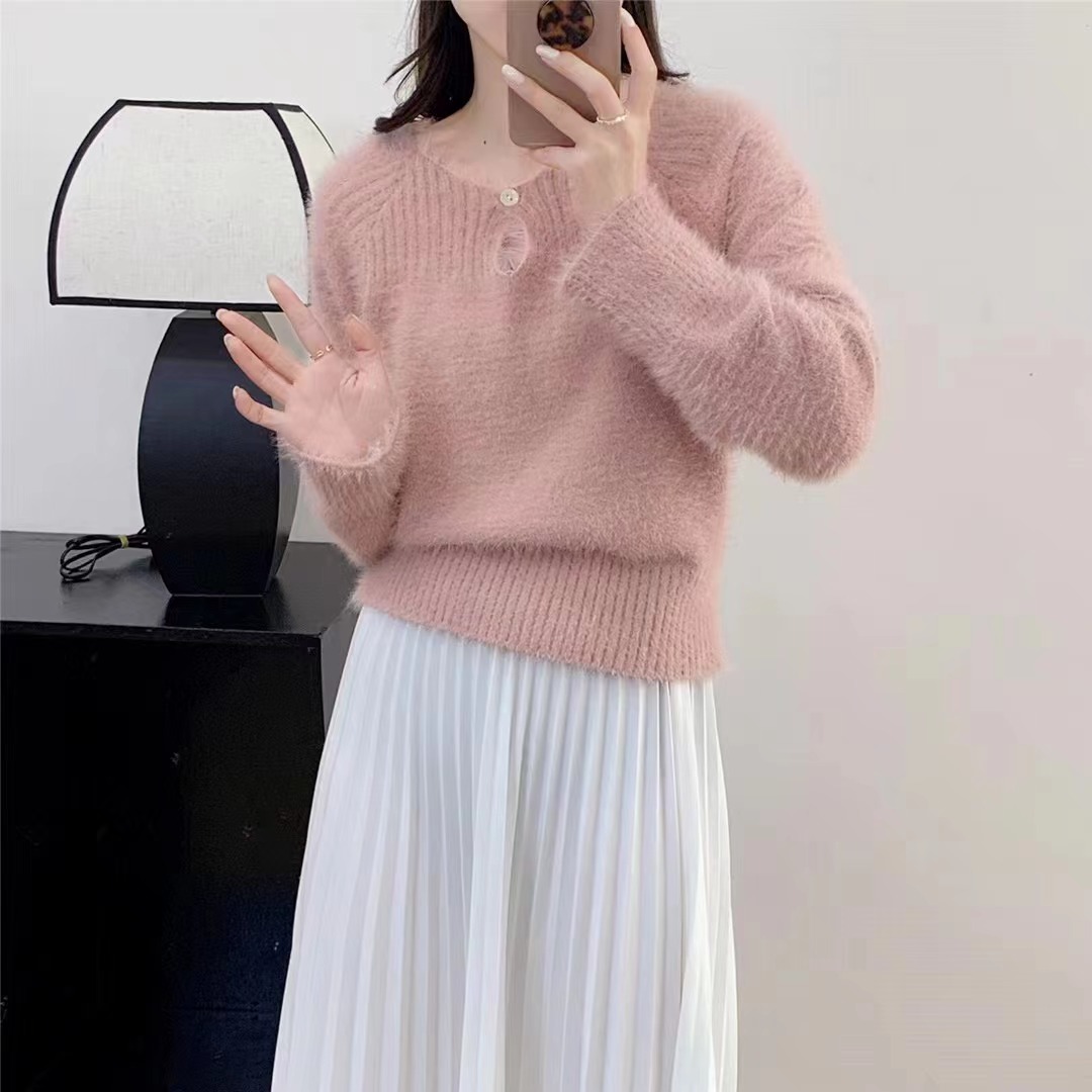 韓系高級感水貂V領毛衣女秋季溫柔慵懶風軟糯百搭針織衫套頭上衣