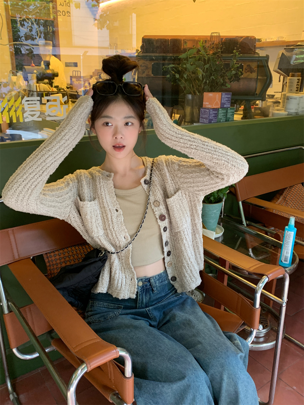 實拍設計感杏色針織開衫慵懶風小眾毛衣+杏色內搭長袖打底