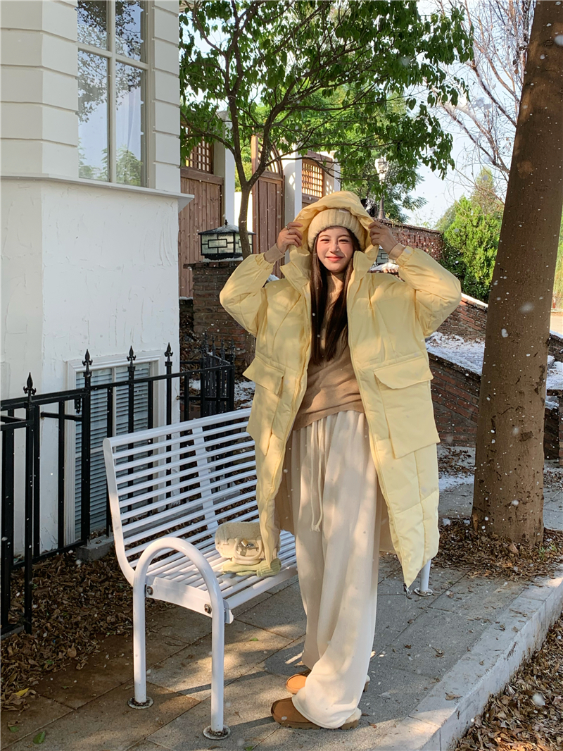 實拍~奶黃中長款棉服女2023冬季新款連帽加厚過膝麵包服外套