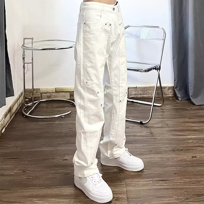 美式高街鉚釘牛仔褲女寬鬆直筒朋克hiphop潮牌墜感百搭設計感長褲