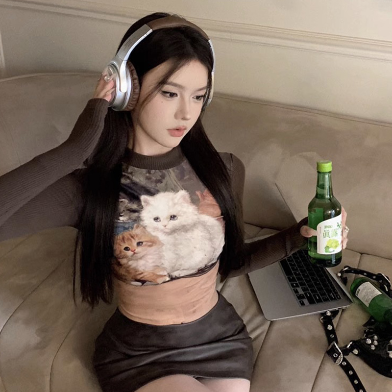 美式y2k貓咪印花長袖t恤女秋冬純欲辣妹短款半高領上衣打底衫內搭